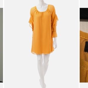 Signature Studio NWT❗️Mustard Yellow Cascade Ruffle Dress 3/4 Sleeve Shift